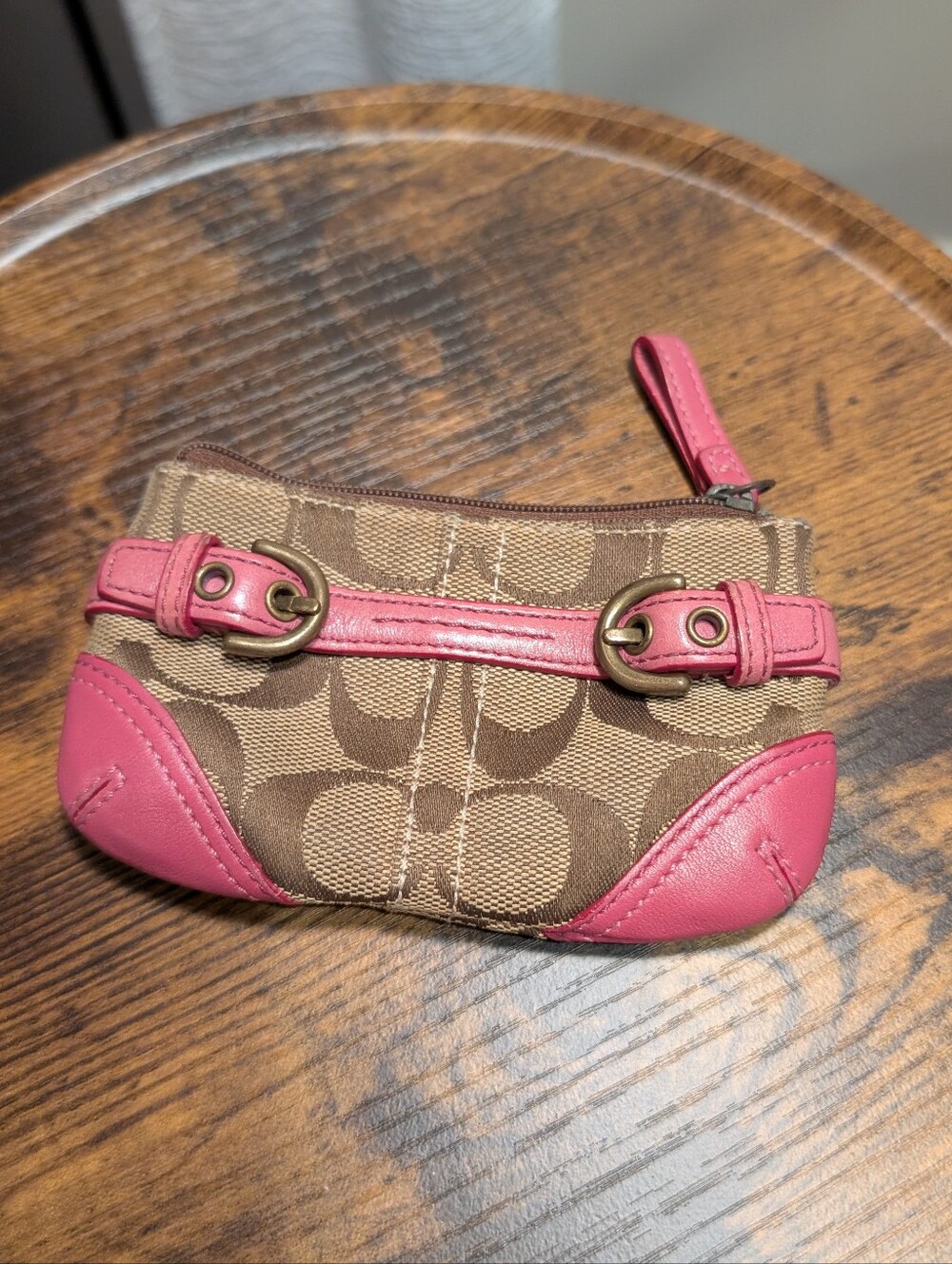 EUC Vintage Coach Signature Canvas Keychain Wallet - Brown & Pink